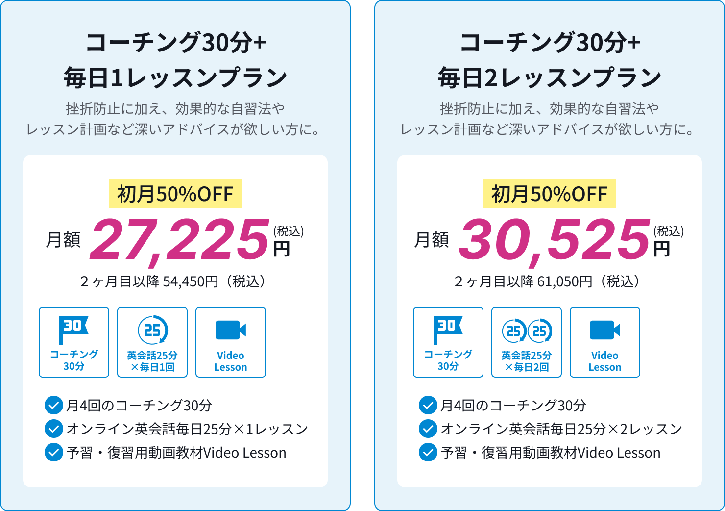 コーチング30分+毎日1レッスンプラン、挫折防止に加え、効果的な自習法やレッスン計画など深いアドバイスが欲しい方に、初月50%OFF月額27,225円(税込)。コーチング30分+毎日2レッスンプラン、挫折防止に加え、効果的な自習法やレッスン計画など深いアドバイスが欲しい方に、初月50%OFF月額30,525円(税込)。